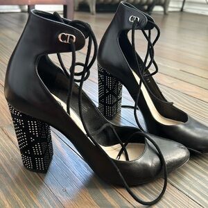 Dior Black Stellar Block Heel Ankle Tie Pumps